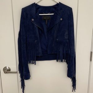BCBG Blue suede fringe jacket